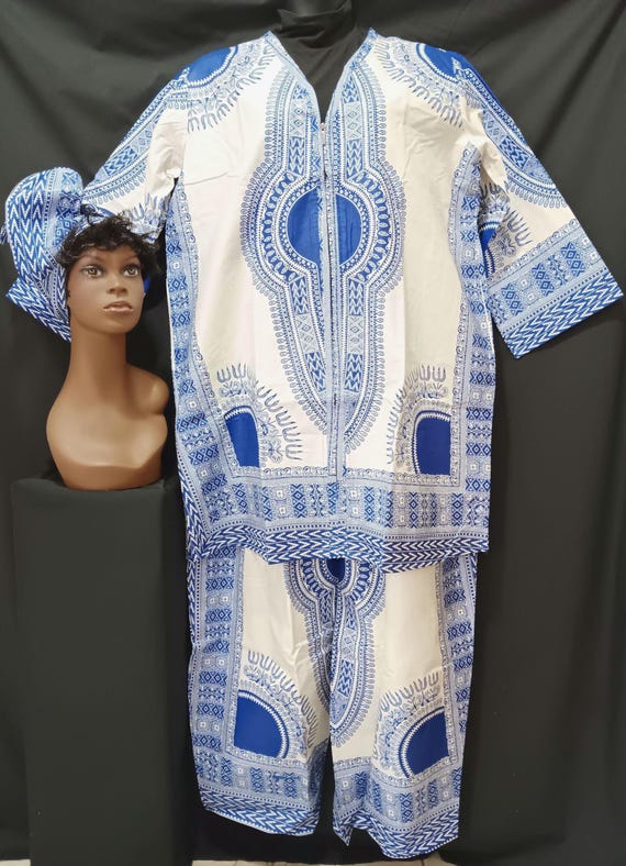 3 PC Africa inspired pants set, Jacket top, long sleeve zipper front, drawstring waist pants and matching headwrap. 20% off, Free Shipping.