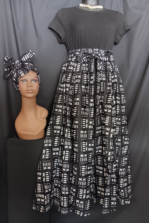 2pc African Print Skirt, black and white matching headwrap, pockets, ankle length skirt, 100% Cotton. Free Shipping, 20 to 30 percent off.