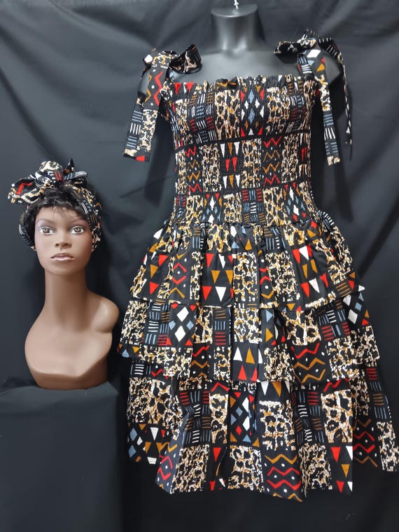 Africa print sun dress with headwrap. Elastic top to waist, tie straps shoulders. Three ruffles waist to bottom. 20% OFF. FREE Shipping.