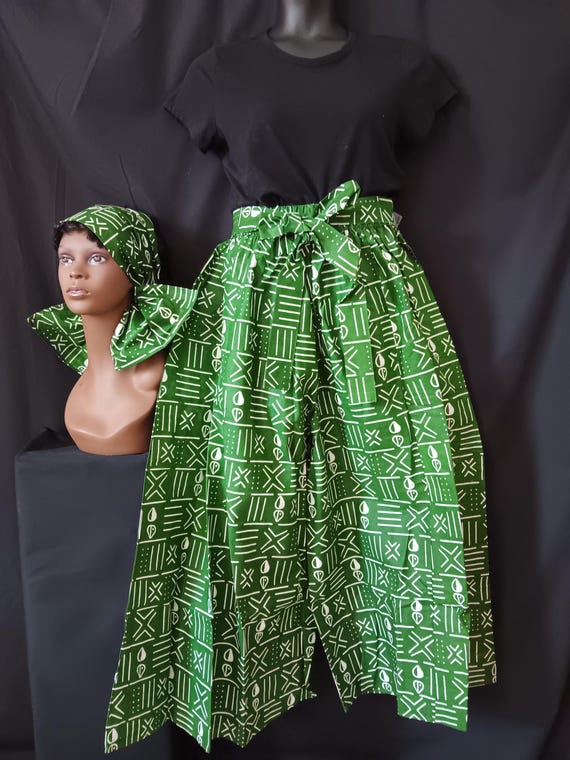 Africa print women's Palazzo Pants and headwrap.  Beautiful green and white print. Elastic waist tie belt pockets. 20% off, Free Shipping.