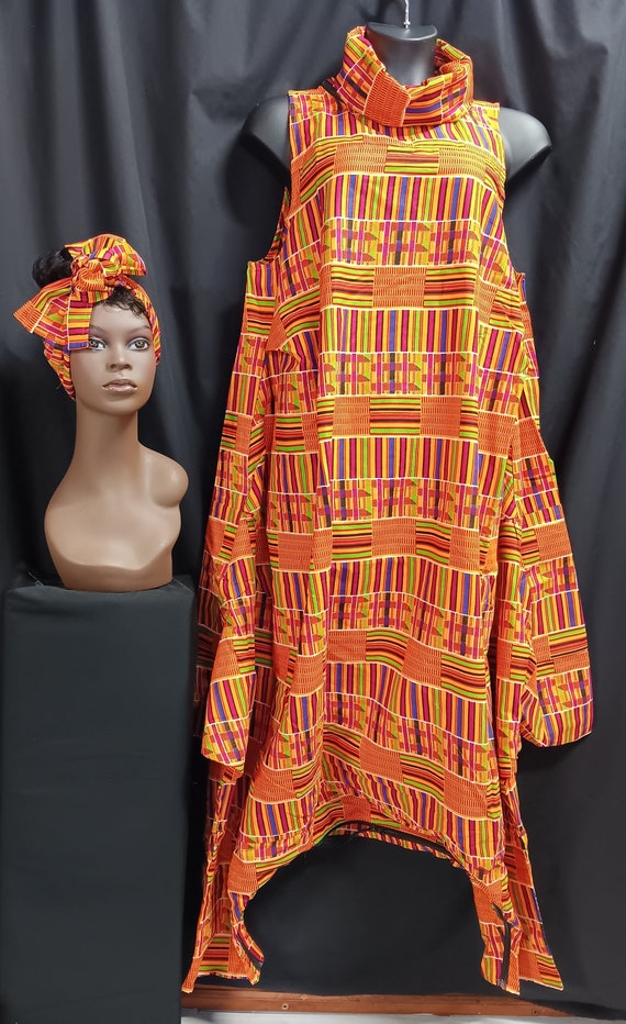 Africa print cowl neck jumpsuit with headwrap. Sleeveless. zip off cowl neck, pockets, 2 zipper crouch easy access. A Cutey. Free Shipping