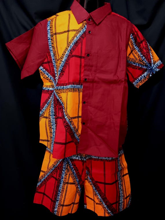 Africa inspired Men's shorts set 2pc. Short sleeve shirt has Button down front, chest pocket. Size L, XL, XXL, 3XL. 20% off. Free Shipping.