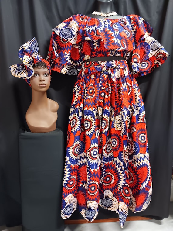 Africa print 3 pc set, Crop top 2 ruffle sleeve, on/off shoulder. Ankle length skirt with front slit, pockets and head wrap. Free Shipping.