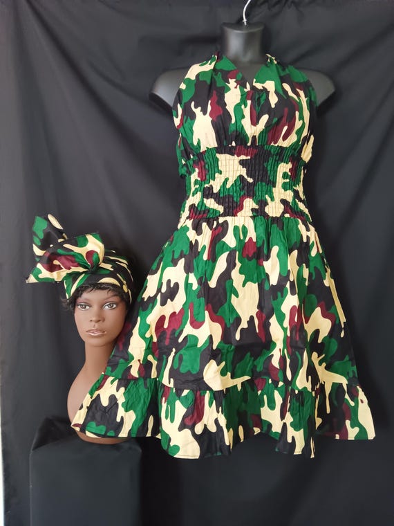 Africa print Sleeveless Halter top dress. Tie back neck, wide elastic waist, pockets, mid length dress with headwrap. 20% OFF. FREE shipping