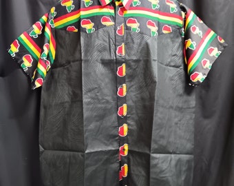 Africa inspired men's short sleeve shirt, button down front. Map of Africa trim black brocade. Large , XL. 20  - 30% off, Free Shipping