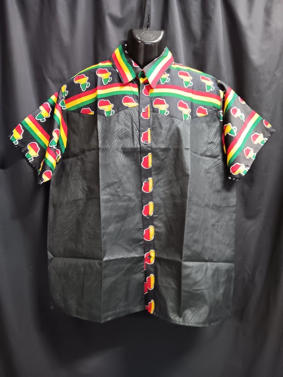 Africa inspired men's short sleeve shirt, button down front. Map of Africa trim black brocade. Large , XL. 20  - 30% off, Free Shipping