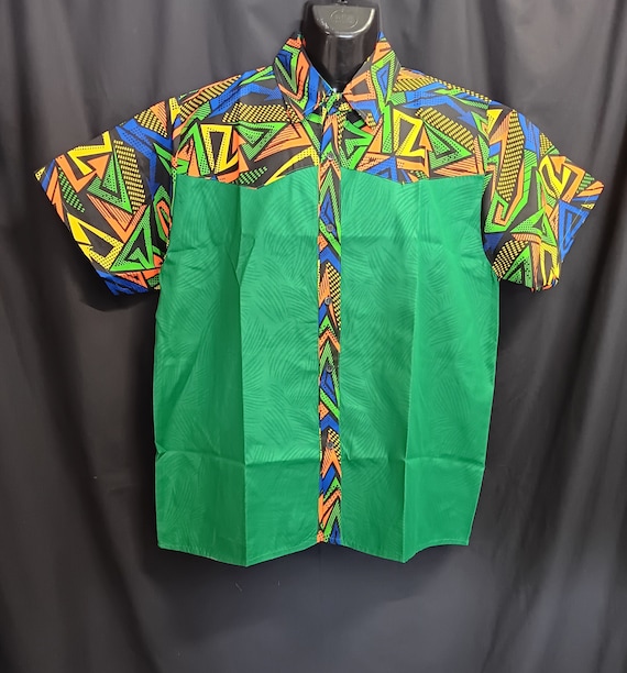 Africa inspired men's short sleeve shirt, button down front. Multi color trim and  green brocade. Large - 3XL. 20 - 30% off, Free Shipping.