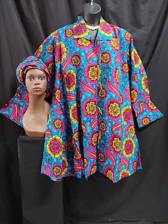 African print Jacket dress. Dark pink, blue, yellow and black swing style. Wooden Button-down front with pockets, Headwrap. Classy and cute.