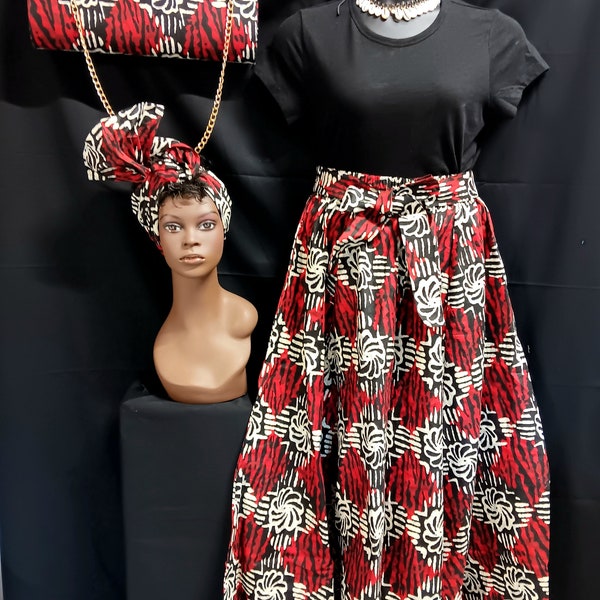 3pc African Print Skirt, black, beige, gray, and red with matching purse and  headwrap. Maxi length skirt . 100% Cotton. Free Shipping