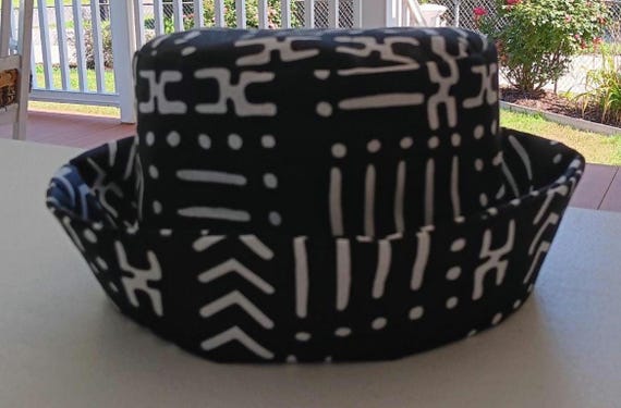 Africa inspired fabric Bucket hat, cotton fabric fully lined. Unisex. Mudcloth faux print  black and white fabric. 20%OFF and FREE Shipping.