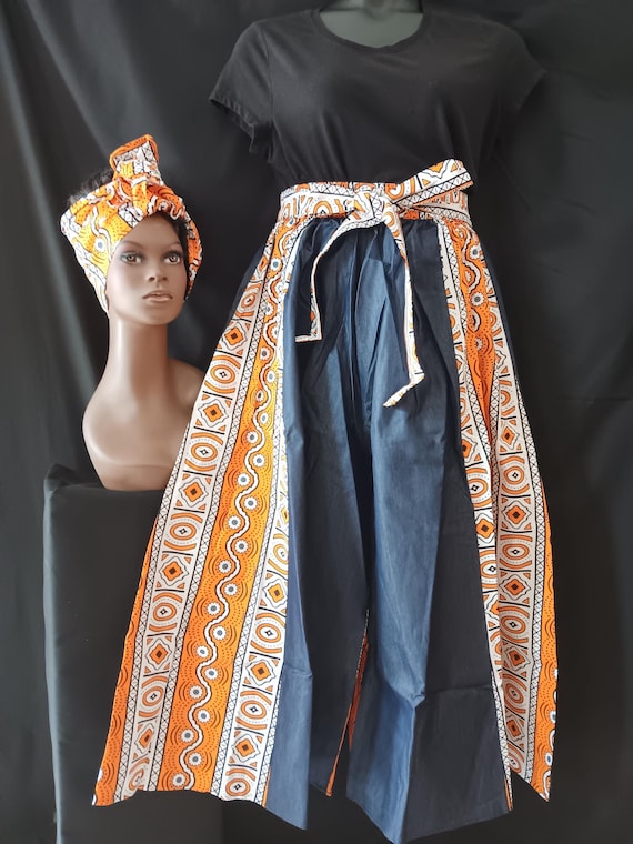 Africa print women's Palazzo Pants. Denim and Africa inspired fabric. Elastic waist, pockets and headwrap. 20% Off and Free Shipping.