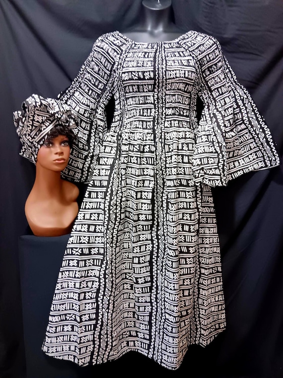 African print Dress. Elastic top to waist, pockets, long full sleeves, ankle length, matching headwrap. 20% off and Free Shipping.