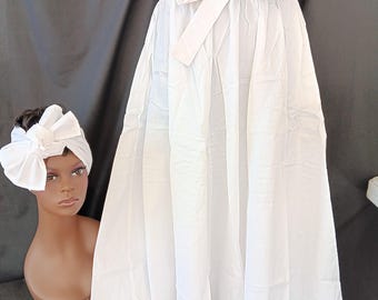 African Inspired ALL White Skirt, 8 panel, ankle length, Headwrap, pockets, elastic tie waist belt. 20 % off, Free Shipping.