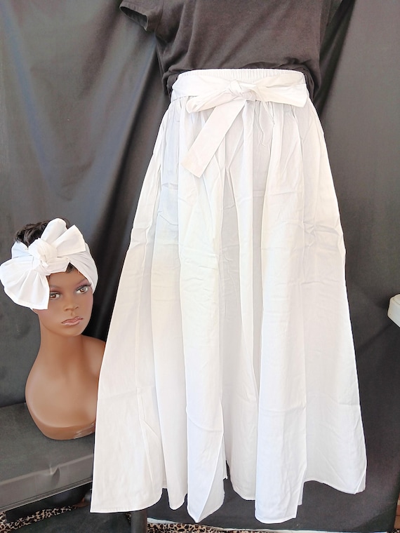 African Inspired ALL White Skirt, 8 panel, ankle length, Headwrap, pockets, elastic tie waist belt. 20 % off, Free Shipping.