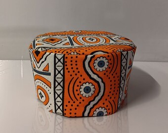 African print kufi hat. Colors orange, black and white African Fabric.  Matching dashiki sold separately.