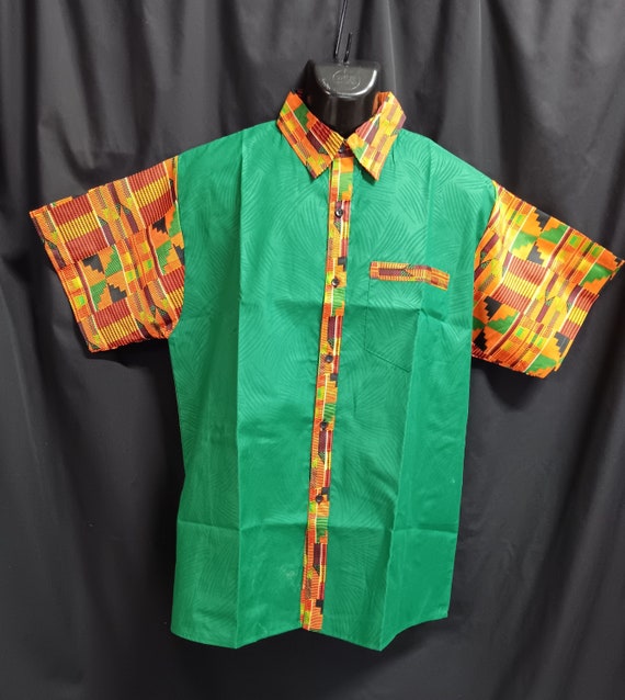 Africa inspired men's short sleeve shirt, button down front. Kente cloth trim and  green brocade. Large.  20 - 30% off, Free Shipping