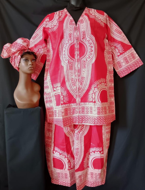 3 PC Africa inspired pants set, Jacket top, long sleeve zipper front, drawstring waist pants and matching headwrap. 20% off, Free Shipping.