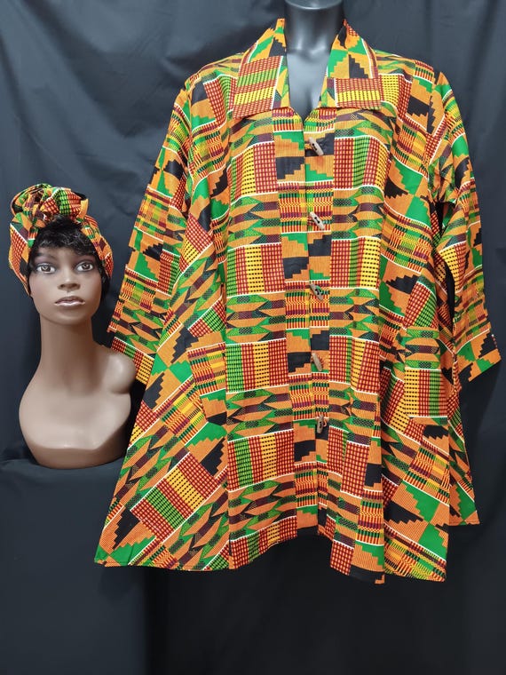 African Kente cloth print Jacket dress,swing style, with matching head wrap. Wooden Button-down front with pockets. 20% Off. FREE Shipping.