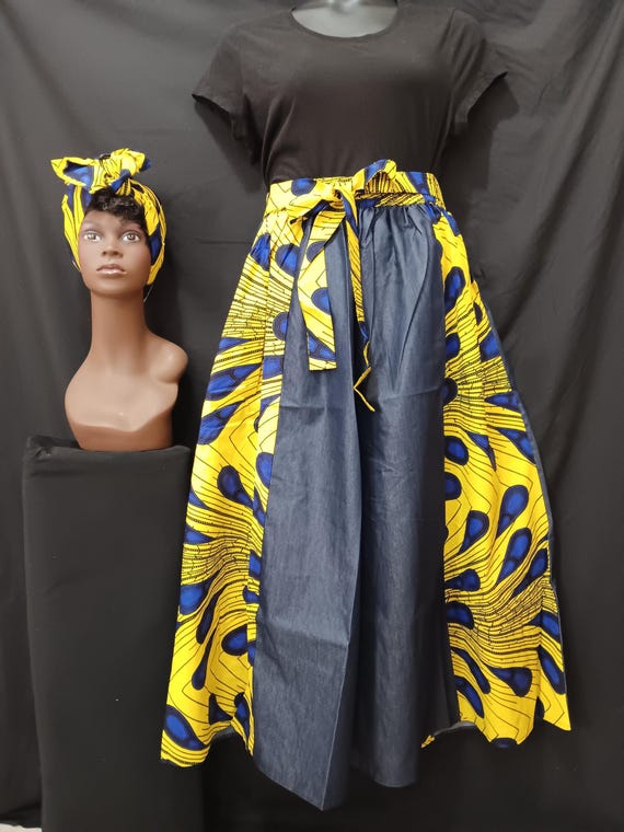 Africa print women's Palazzo Pants. Denim and Africa inspired fabric. Elastic waist, pockets and headwrap. 20% Off and Free Shipping.