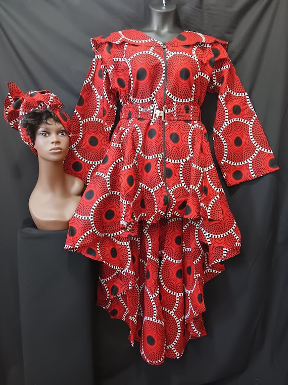 Africa inspired dress. High-low dress with matching Headwrap and cinch belt. Zipper front, long sleeves, pockets. 20% off and Free Shipping.