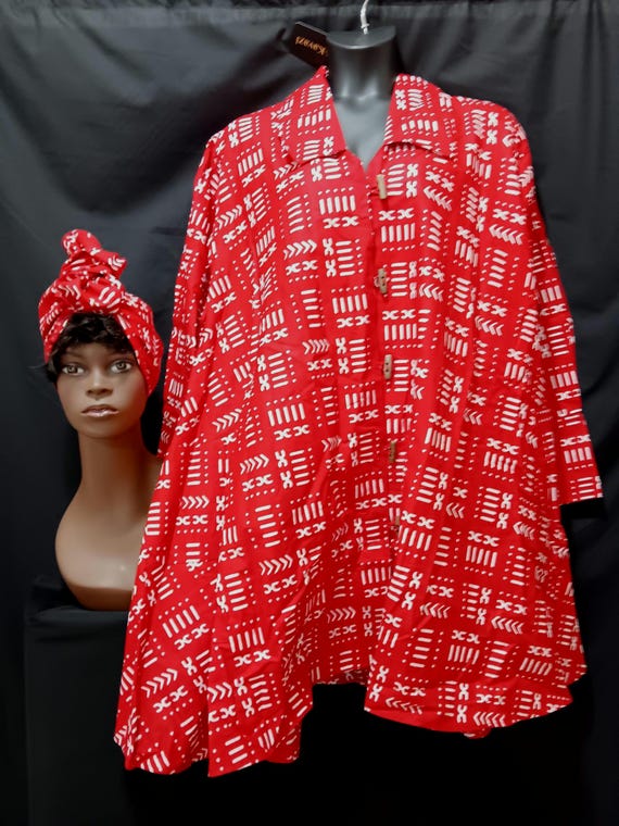 African print Jacket dress and matching head wrap. Red and white swing style. Wooden Button-down front with pockets, 20% Off, FREE Shipping.