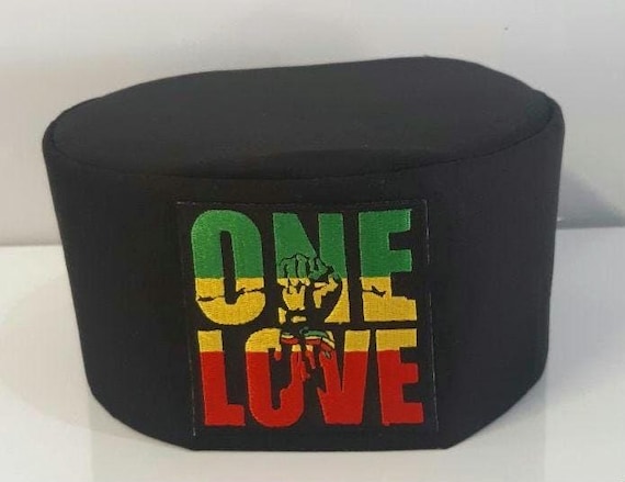 African Kufi Hat black ONE LOVE with fist patch. RASTA