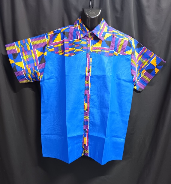 Africa inspired men's short sleeve shirt, button down front. Kente cloth trim and  Royal Blue brocade. Large - 44". Ships Free, 20 - 30% off
