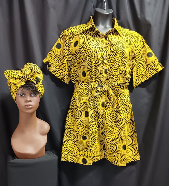 Africa print 3pc romper set,  headwrap and tie belt. Half sleeves, front bottons down past waist, pockets. Summer fun outfit. Free Shipping.
