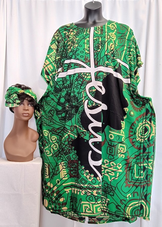 African Women's Kaftan with headwrap, 100% Polyester, digital print. Beautiful, colors, cool and comfortable. FREE SIZE. STYLE (1453)