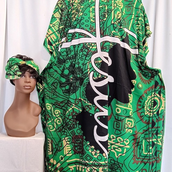 African Women's Kaftan with headwrap, 100% Polyester, digital print. Beautiful, colors, cool and comfortable. FREE SIZE. STYLE (1453)