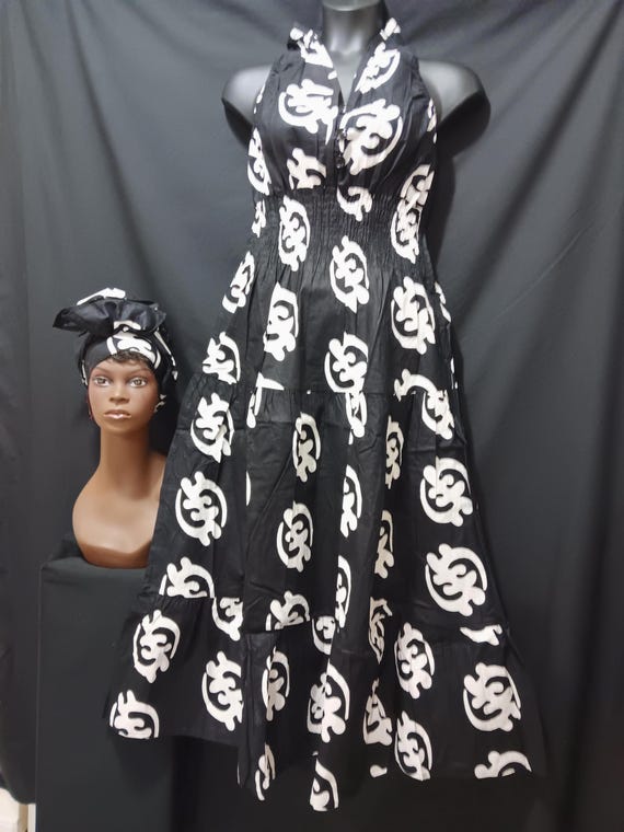 African print Dress and headwrap. Top Sleevess, halter neck, elastic back to waist, 3 button front, ankle length. 20% off and Free Shipping.