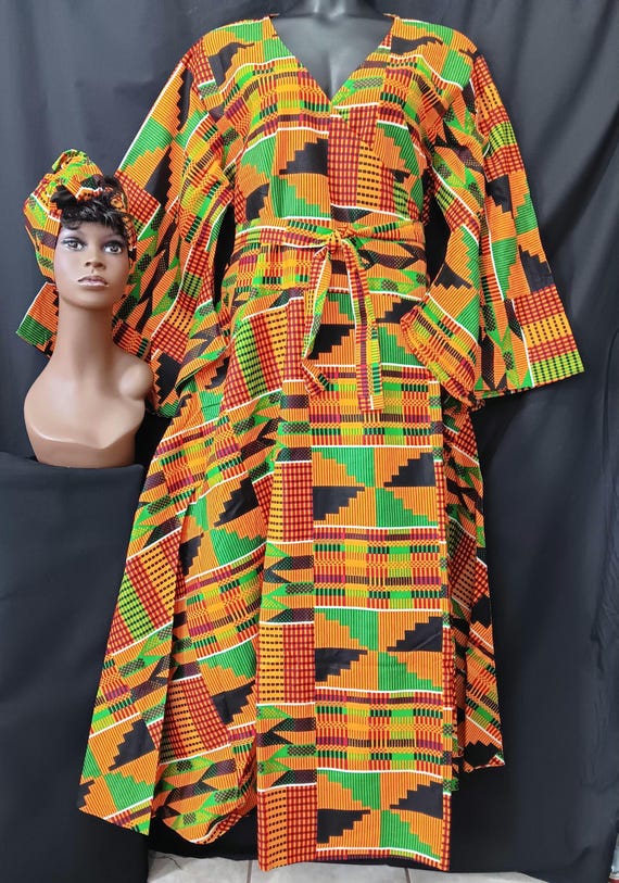 African print Wrap dress with matching headwrap. Beautiful Kente cloth print. Long full flowing sleeves and pockets. 20% Off, Free Shipping