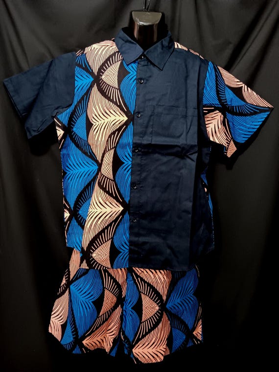 Africa inspired Men's shorts set 2pc. Short sleeve shirt has Button down front, chest pocket. Size L, XL, 2XL, 3XL. 20% off. Free Shipping.