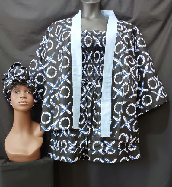 Africa print 4-piece short set, (Kimono and halter Tops, shorts with pockets and headwrap). One size (L - XL). 20% OFF and FREE Shipping.