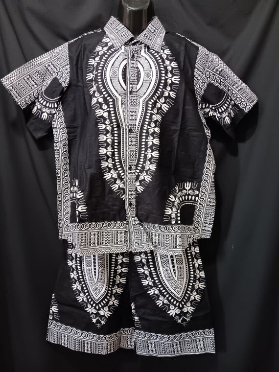 Africa inspired Men's shorts set 2pc. Short sleeve shirt has Button down front, chest pocket. Size L, XL, XXL, 3XL. 20% off. Free Shipping.