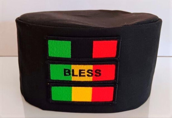 African Kufi Black with BLESS patch, flag of Africa colors. red, yellow, green and black. (Pan African, Rasta)