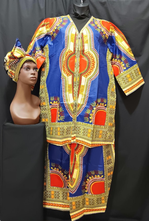 3 PC Africa inspired pants set, Jacket top, long sleeve zipper front, drawstring waist pants and matching headwrap. 20% off, Free Shipping.