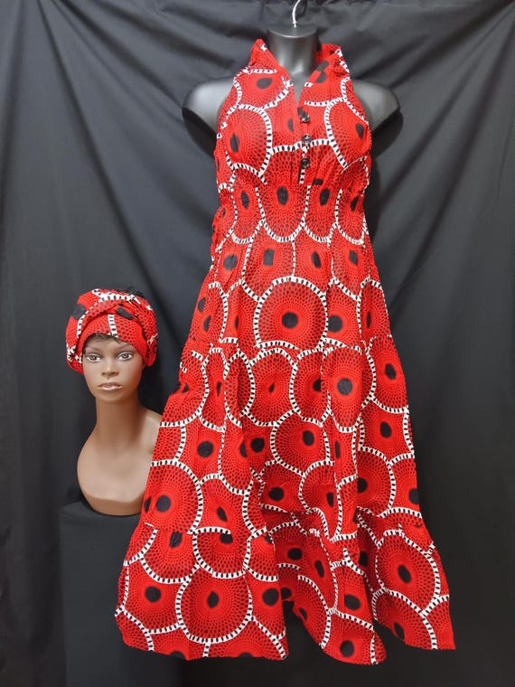 African print Dress and headwrap. Top Sleevess, halter neck, elastic back to waist, 3 button front, ankle length. 20% off and Free Shipping.