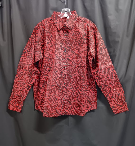African Red and Black print men's long sleeve, button down front shirt. Sizes-Large though 3XL.