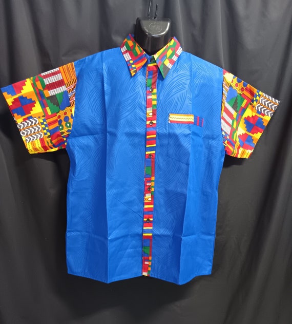Africa inspired men's short sleeve shirt, button down front. Multi color trim and  Royal Blue brocade. Large - 44". Ships Free, 20 - 30% off