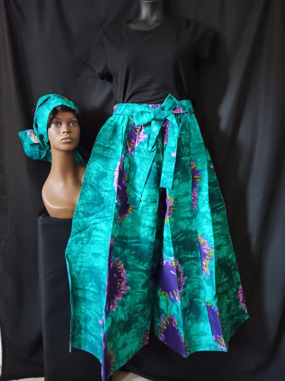 Africa print women's Palazzo Pants and headwrap. Carribean blues, green and purples. Elastic waist tie belt pockets. 20% off, Free Shipping