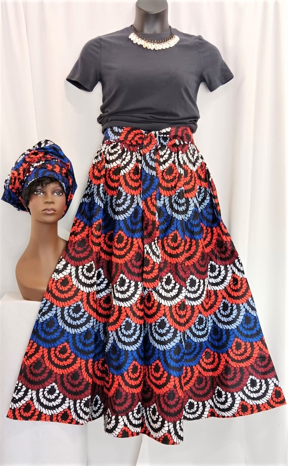 Beautiful African Print Skirt, 8 panel ankle length & Headwrap. 100% Cotton. Free Shipping