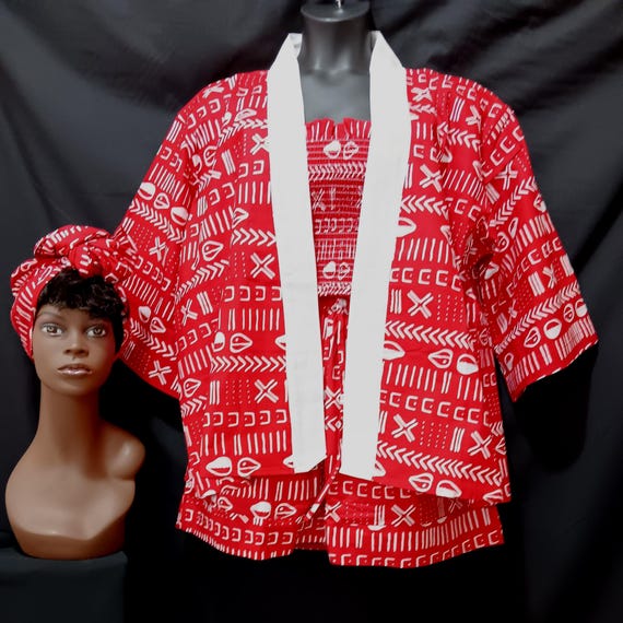 Africa print 4-piece short set, (Kimono and halter Tops, shorts with pockets and headwrap). One size (L - XL). 20% OFF and FREE Shipping.