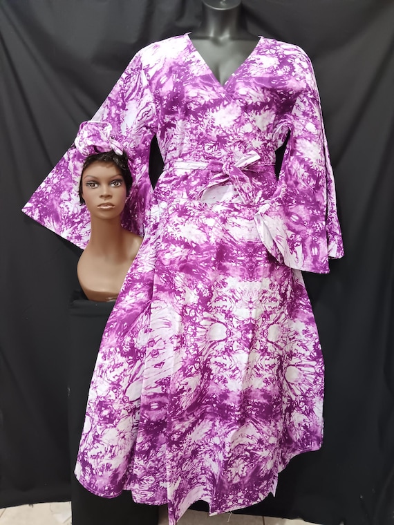 African print Wrap dress with matching headwrap. Beautiful  print. Long full flowing sleeves and pockets. 20% Off, Free Shipping