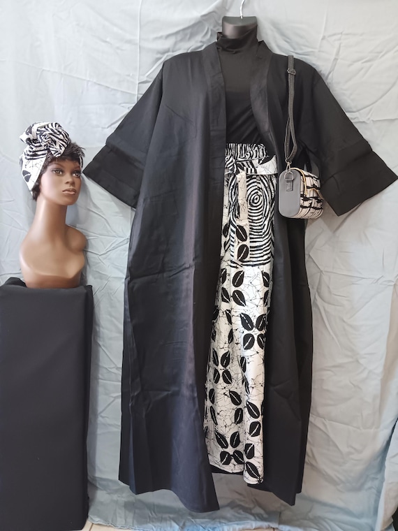 Africa print 4pc set, Long Kimono top and palazzo pants with pockets. (2) Matching headwraps and purse. 20% and Free Shipping.