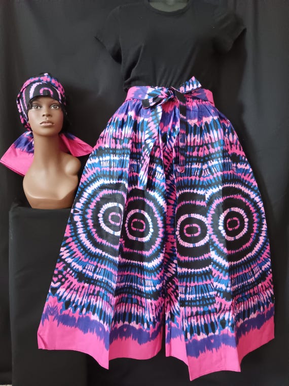 Africa print women's Palazzo Pants and headwrap. Pinks, black, blue,  and purple. Elastic waist tie belt pockets. 20% off, Free Shipping.