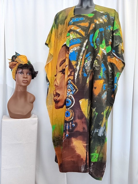 African Women's Kaftan with headwrap, 100% Polyester, digital print. Beautiful, colors, cool and comfortable. FREE SIZE. STYLE (1444)