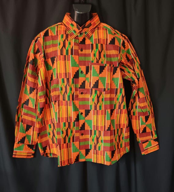 Africa inspired Kente print men's long sleeve, button down front shirt button sleeves. Sizes-Large though 3XL. 20% off and Free Shipping.