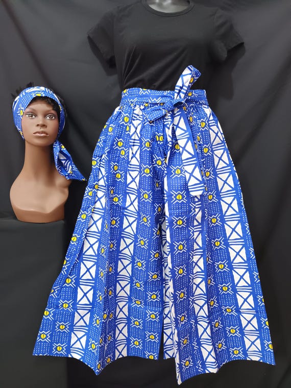Africa print women's Palazzo Pants and headwrap.  Beautiful blue, yellow and white print. Elastic waist tie belt pockets. 20% off, Free Ship