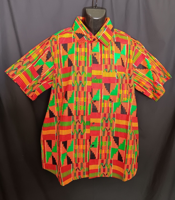 Africa inspired men's short sleeve shirt, button front. Kente print, Orange, red, yellow, green, black. Large - 3XL. Ships Free 20-30% off